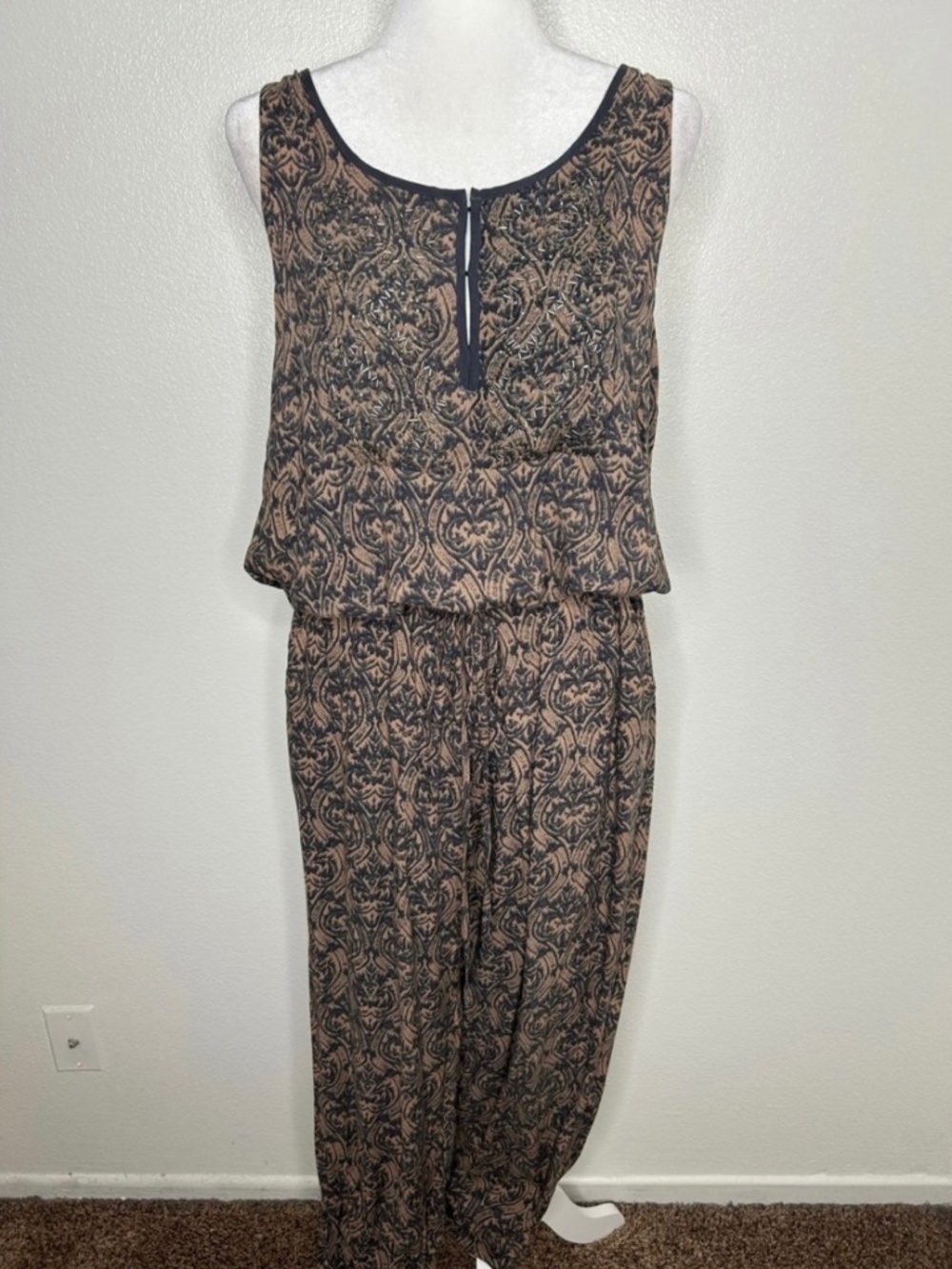 Tiny By Anthropologie Chione Beaded Brown Sleeveless Jumpsuit Tie Waist Size L